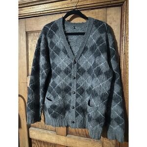 $680 R13 Gray Plaid Argyle Fluffy Oversized Distressed Cardigan Sweater sz XS